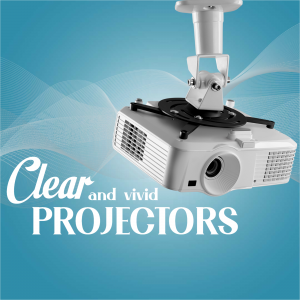 White projector mounted on the ceiling with a blue gradient background and text 'Clear and vivid PROJECTORS'