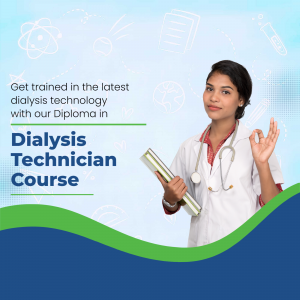 Young woman in a white coat holding a diploma, promoting a Dialysis Technician Course