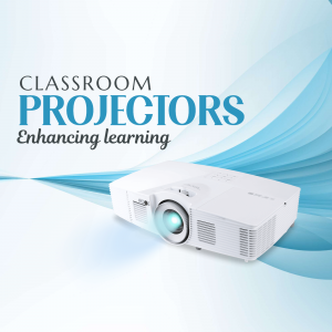 White projector displaying light on a blue abstract background with text 'Classroom Projectors - Enhancing Learning'