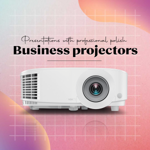 White business projector on a pink and orange gradient background with grid lines.