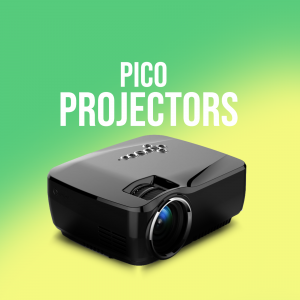 Black PICO projector on a yellow and green gradient background
