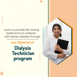 Image promoting a Diploma in Dialysis Technician program with a healthcare professional.