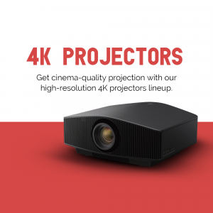 Black 4K projector on a red surface with text promoting cinema-quality projection.