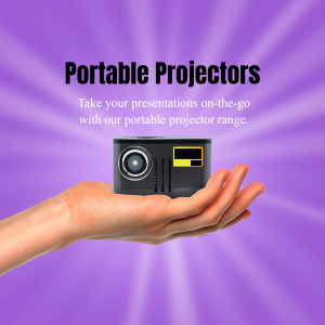 Hand holding a small black portable projector against a purple and white burst background.