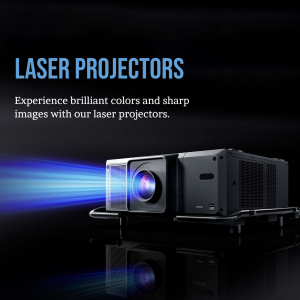 Black laser projector emitting a bright blue light beam