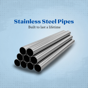 Stack of stainless steel pipes against a blue gradient background