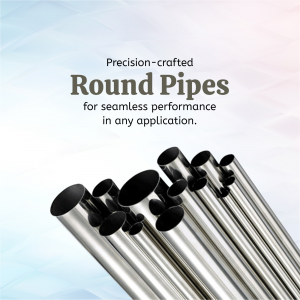 Image of black round pipes against a gradient background with text 'Precision-crafted Round Pipes'