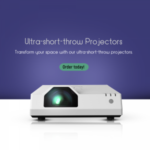 White ultra-short throw projector on a white surface with a blue background and a call to action button.
