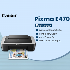 Canon Pixma E470 all-in-one printer with features listed