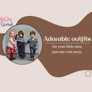Advertisement for Kicks & Crawl featuring children in winter outfits.
