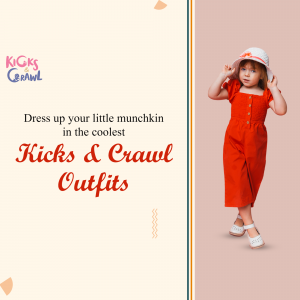 Cute little girl wearing a red jumpsuit and hat, promoting Kicks & Crawl kids clothing.