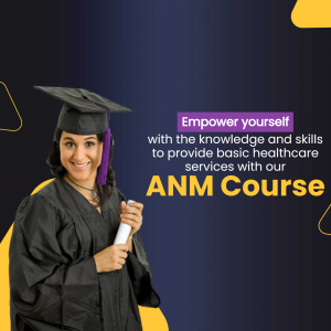 A woman in a graduation cap and gown holding a certificate, promoting an ANM course.