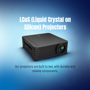 Black LCoS projector on a blue gradient background