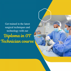 Image promoting a Diploma in OT Technician course with medical professionals in an operating room.
