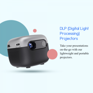 A gray portable projector with text highlighting DLP (Digital Light Processing) technology.