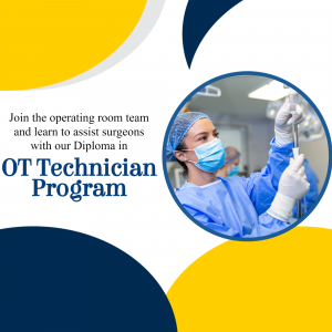 Image of an operating room technician assisting in surgery, promoting a diploma program.