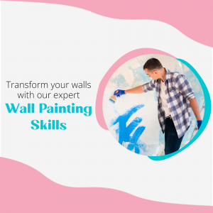 Man painting a wall with blue paint, advertising wall painting skills.
