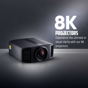 Black 8K projector with text promoting ultimate visual clarity