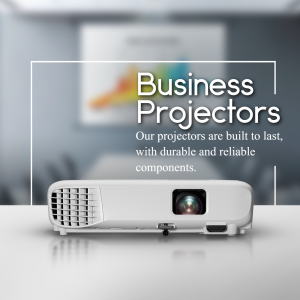 White business projector on a table with a presentation screen in the background