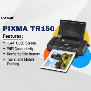 Canon PIXMA TR150 wireless portable printer with a printed photo
