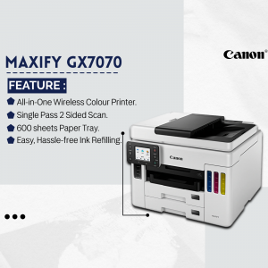 Canon MAXIFY GX7070 wireless colour printer with features listed