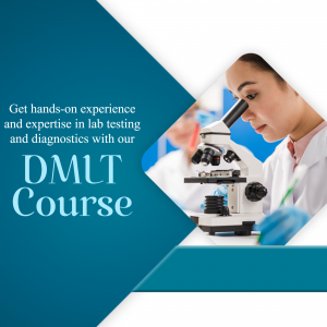 Woman using a microscope in a laboratory, promoting a DMLT course.