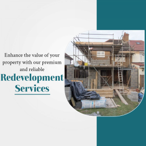 House under construction with scaffolding and redevelopment services advertisement