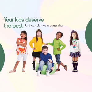 Group of diverse children modeling colorful clothing.