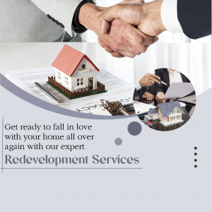 Handshake over house documents and keys, representing real estate redevelopment.