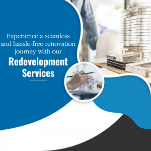 Image depicting redevelopment services with a building model and hands working on a design.
