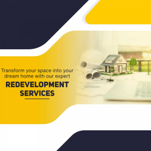 Image depicting home redevelopment services with a house blueprint and text.