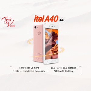 itel A40 4G smartphone in pink color with specifications