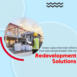 Construction worker reviewing blueprints at a building site with redevelopment solutions text overlay.