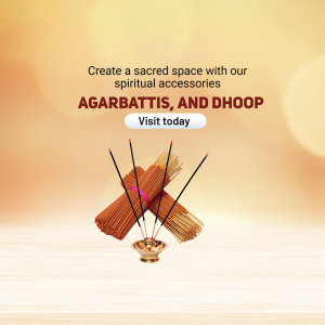 Image of Agarbatti sticks and a Dhoop holder with text promoting spiritual accessories.