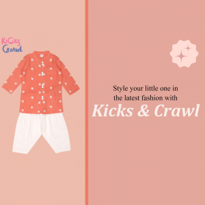 A cute toddler wearing a coral-colored kurta and white pants from Kicks & Crawl.