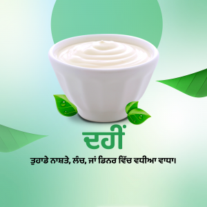 Bowl of yogurt with green leaves and text in Punjabi