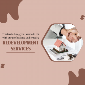 Handshake over house model and documents representing redevelopment services.