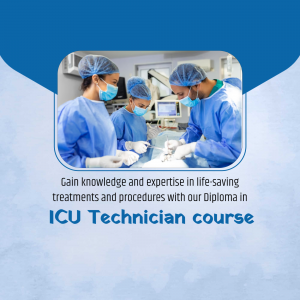 Medical professionals in an operating room promoting an ICU Technician course.