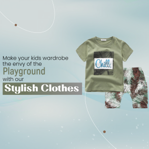 A child's outfit consisting of an olive green t-shirt and patterned shorts, advertised with the text 'Make your kids wardrobe the envy of the Playground'.