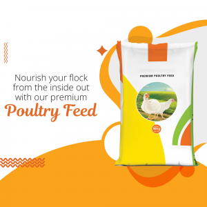 Bag of premium poultry feed with chickens illustration