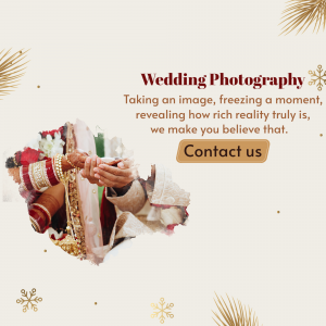Wedding photography advertisement with a couple's hands during a ceremony and text promoting photography services.
