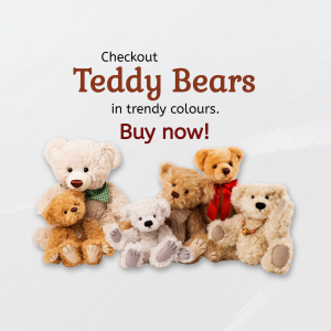 A collection of teddy bears in various colors and sizes, promoting a sale.