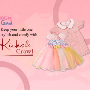 Pink baby dress and romper with Kicks & Crawl branding