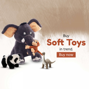 Collection of soft toys including an elephant, monkey, panda, and dinosaur