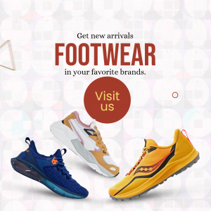 Image of various colorful sneakers with a promotional message for new arrivals.