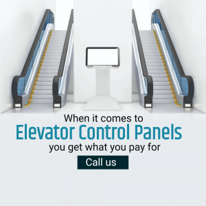 Image of an escalator leading to a digital display advertising elevator control panels.
