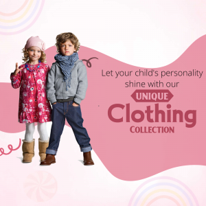 Two children, a boy and a girl, modeling winter clothing with text promoting a unique clothing collection.