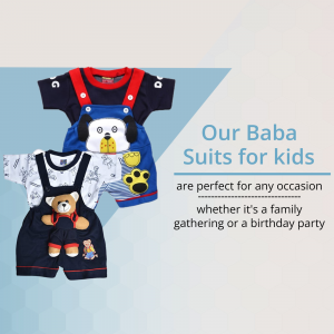 Two adorable baby boy outfits, one with a bear and one with a dog design, displayed on a blue background.