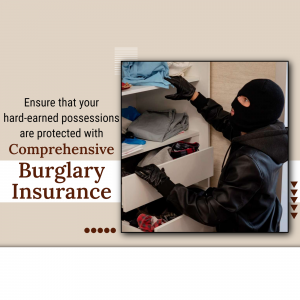A burglar in a black mask and gloves is shown rummaging through drawers in a bedroom closet, with text promoting burglary insurance.