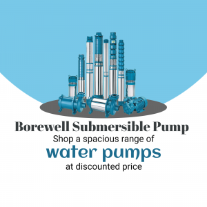 Image of various borewell submersible pumps with text promoting discounted prices.